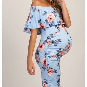 Light Blue Rose Print Ruffle Fitted Maternity Dress